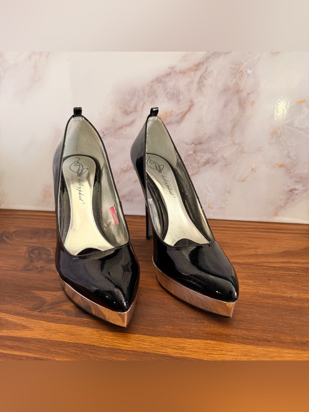 Baby Phat Blue Black Sparkle Patent Platform Pumps with Metallic Silver Toe